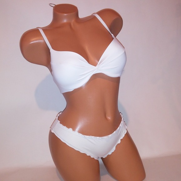 Victoria Secret Swim Bikini 32D Top XS Bottom White Push Up Scrunch Cheeky Solid - Picture 2 of 10